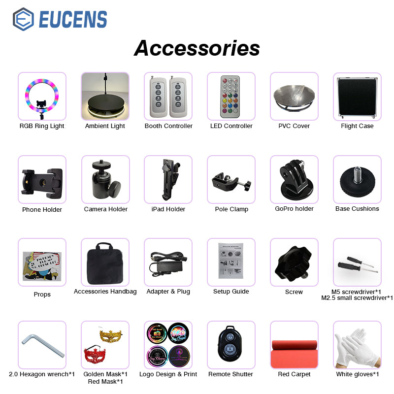 Eucens Remote Control Automatic Diamond LED Glass 360 Photo booth for Parties